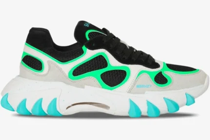 Balmain B-East leather suede and mesh sneaker in black, green, and turquoise, side profile view. - SKU AM1VI327THTF