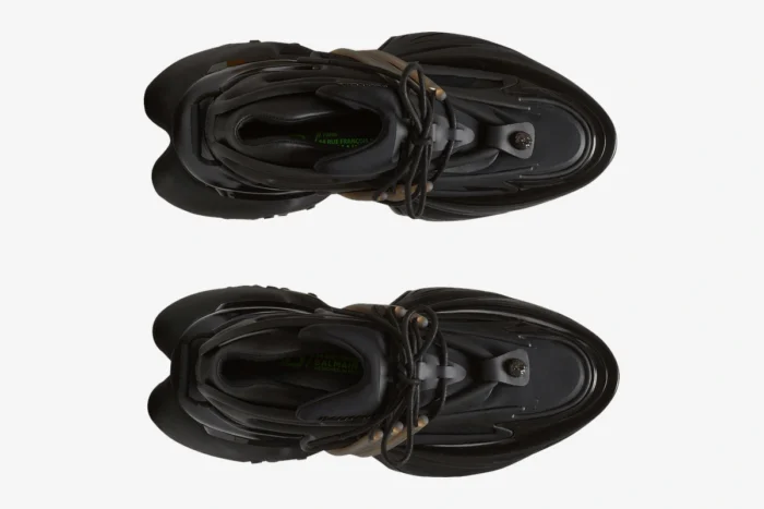 Top-down view of Balmain Unicorn chunky sneakers in all black, showing the intricate layered design and laces. - SKU BM1VJ309KNSC