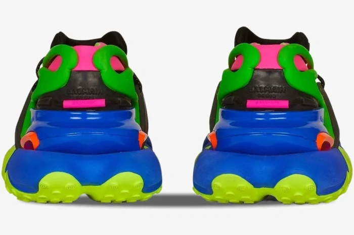 Rear view of Balmain Unicorn Low Multicolor Black sneakers with chunky neon blue and green soles. - SKU YM1VJ309KNHC