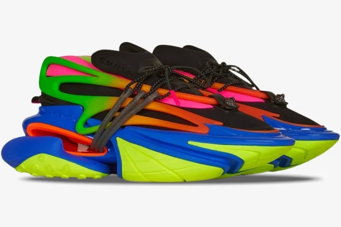 Side profile of Balmain Unicorn Low sneakers in multicolor black with neon green, pink, and blue accents. - SKU YM1VJ309KNHC