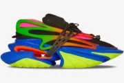 Balmain Unicorn Low Multicolor Black sneaker in a side view with neon green, pink, and blue layered design. - SKU YM1VJ309KNHC