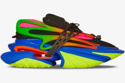 Balmain Unicorn Low Multicolor Black sneaker in a side view with neon green, pink, and blue layered design. - SKU YM1VJ309KNHC
