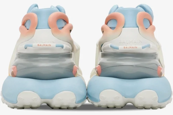 Rear view of Balmain Unicorn Low Top sneakers in multi blue, pink, and white neoprene and leather. - SKU baam0vj309kncg-gmo