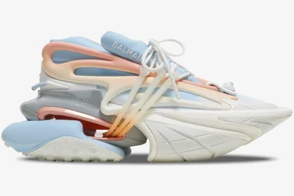 Balmain Unicorn Low Top sneaker in multi blue, pink, and white, side profile view. - SKU baam0vj309kncg-gmo