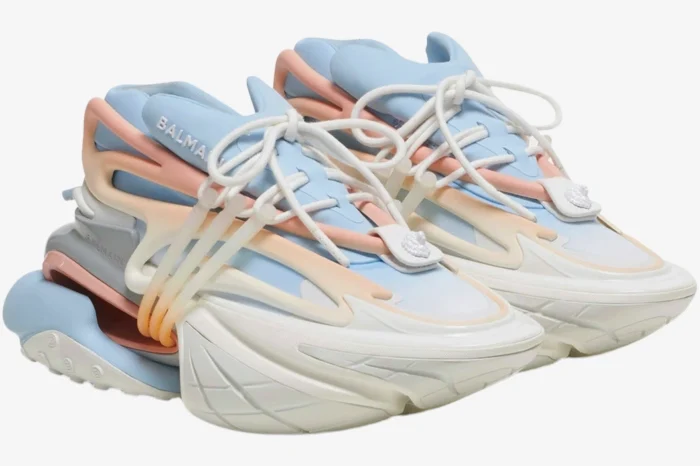 Balmain Unicorn Low Top sneakers in blue, pink, and white neoprene and leather, three-quarter view. - SKU baam0vj309kncg-gmo