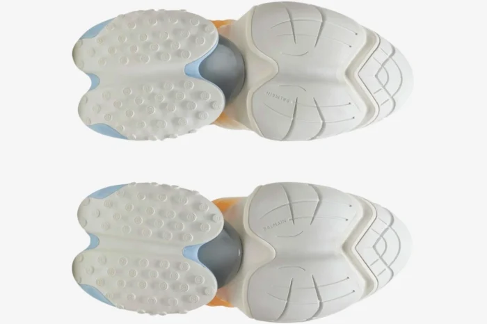 Bottom view of Balmain Unicorn Low Top sneakers in multi blue and white, featuring a futuristic segmented outsole. - SKU baam0vj309kncg-gmo