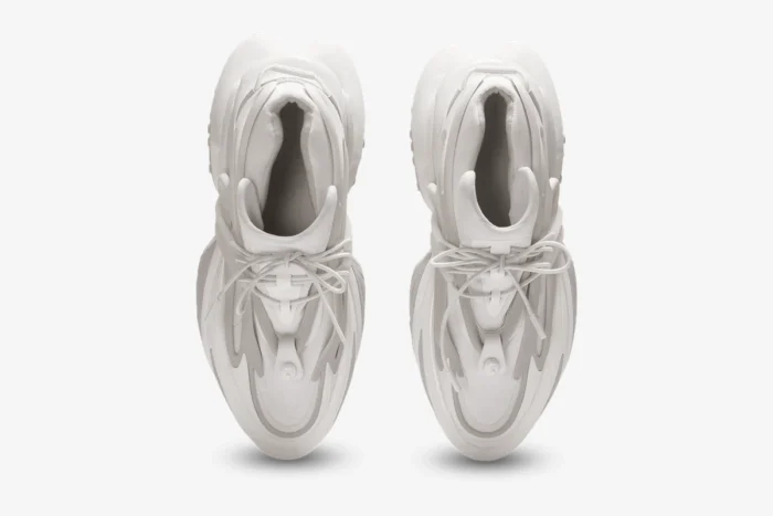 Top-down view of white Balmain Unicorn low-top sneakers in neoprene and leather. - SKU AM0VJ309KNLR