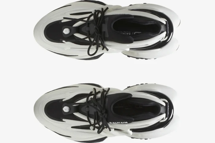 Top-down view of Balmain Unicorn Chunky Sneakers in black and white featuring a layered, futuristic design. - SKU BN1VF724KNOC