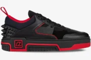 Christian Louboutin Astroloubi black and red sneaker in a side profile view with spiked heel detail. - SKU 3230886H358