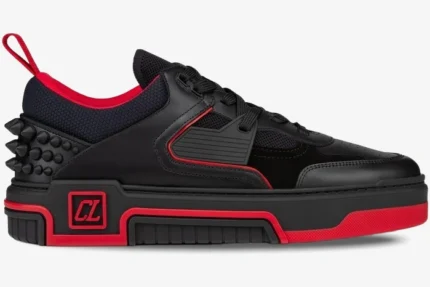 Christian Louboutin Astroloubi black and red sneaker in a side profile view with spiked heel detail. - SKU 3230886H358