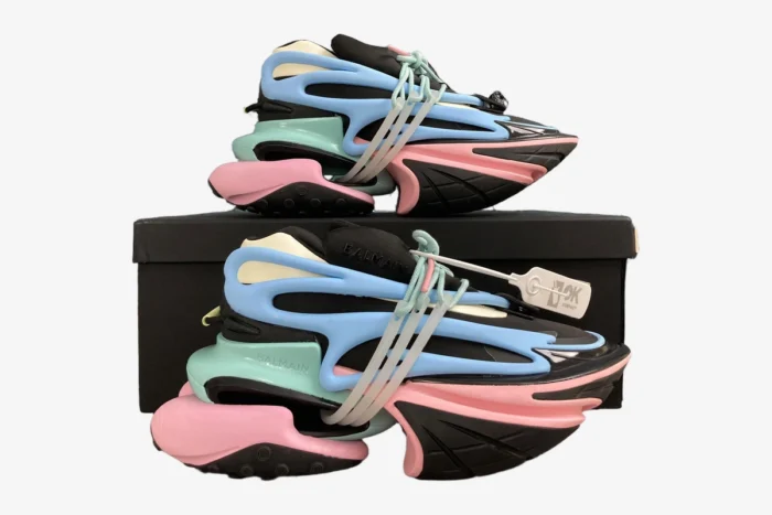 Balmain Unicorn Low Top Neoprene & Leather Blue Pink Green - Image 4