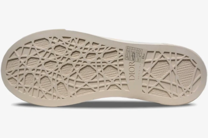 Bottom sole view of a Dior B33 Women's Sneaker in cream featuring an intricate geometric pattern. - SKU 3SN303ZWN_H858