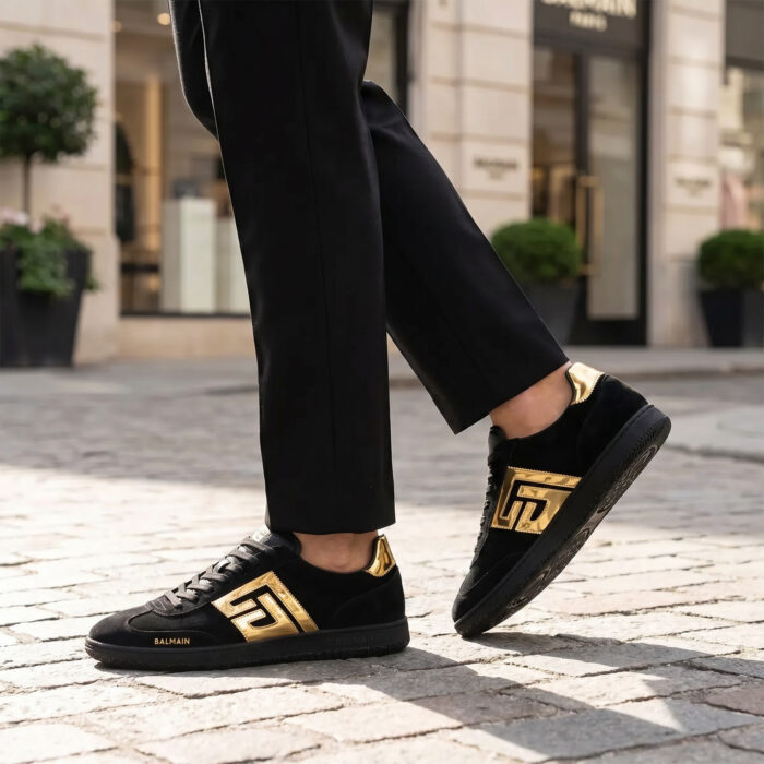 Balmain Swan Goatskin Suede Black Gold Sneakers [Lifestyle AI]