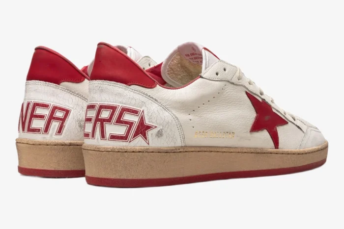 Rear-side view of Golden Goose Ball Star sneakers in white, red, and beige with a distressed finish. - SKU GMF00117-F000325-10275