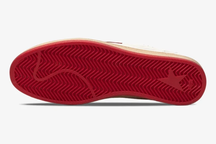 Bottom view of Golden Goose Ball Star sneaker featuring a red herringbone pattern outsole and beige midsole. - SKU GMF00117-F000325-10275
