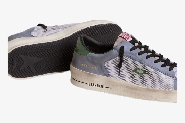 Golden Goose Stardan sneakers in powder blue suede and white mesh, side and sole view. - SKU GMF00479.F007369.82953