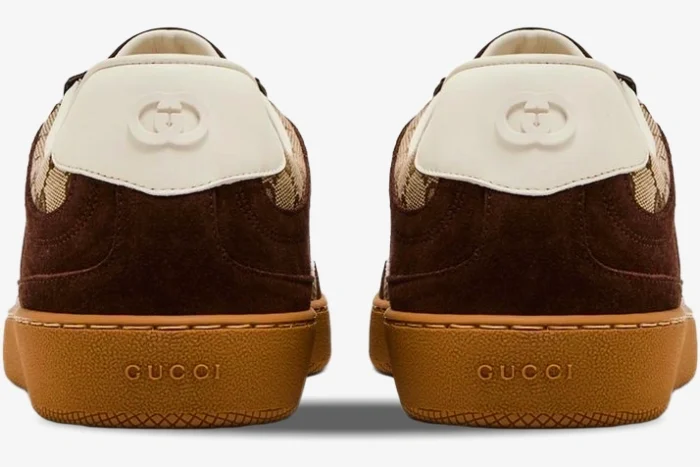 Back view of Gucci G75 sneakers in dark brown suede with white heel tabs and gum soles. - SKU 791742AAEGA2242