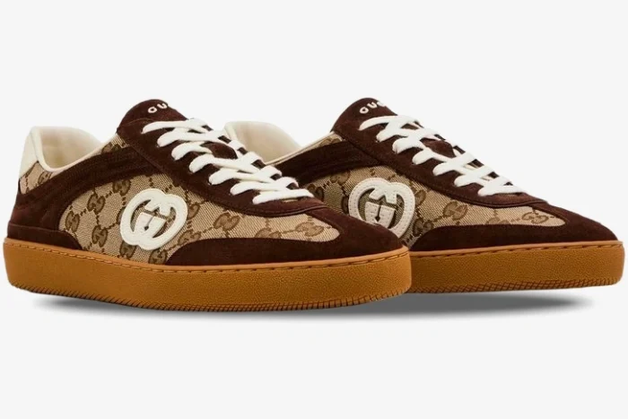 Gucci G75 Interlocking G sneakers in dark brown suede and GG canvas, shown from a side profile perspective. - SKU 791742AAEGA2242