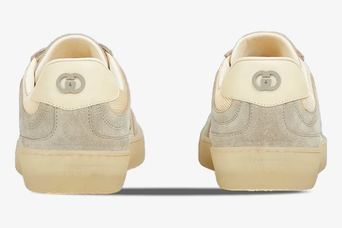 Rear view of Gucci Interlocking G sneakers in oatmeal suede and mesh with logo heel tabs. - SKU 791742AAECN9548
