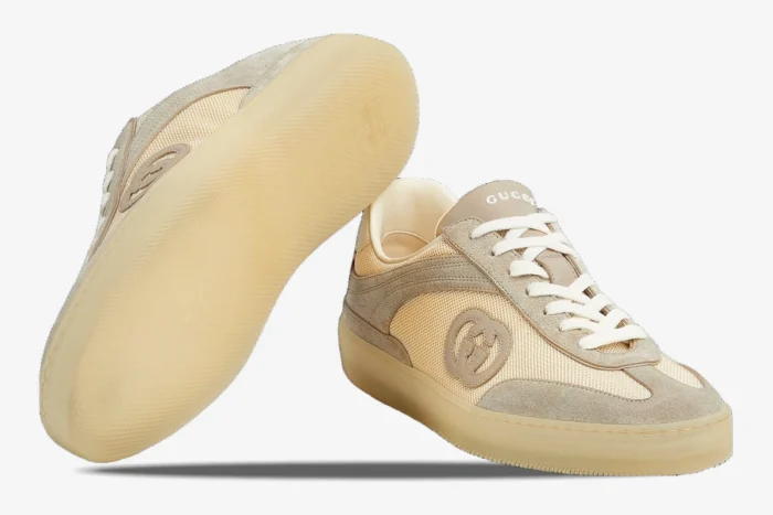 Gucci Interlocking G sneaker in oatmeal suede and mesh, showing side and sole views. - SKU 791742AAECN9548