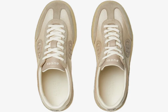 Top-down view of Gucci Interlocking G sneakers in oatmeal suede and mesh with white laces. - SKU 791742AAECN9548