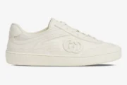 Off-white Gucci Interlocking G sneaker featuring a mesh upper and side logo, side view. - SKU 791742AADM09110