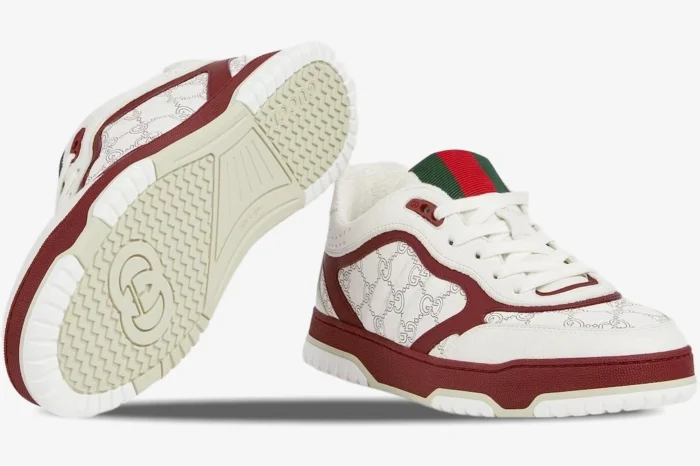 Gucci Re-Web Sneaker in White Rosso Ancora, showing side profile and bottom sole view. - SKU 850193AAFOO9043