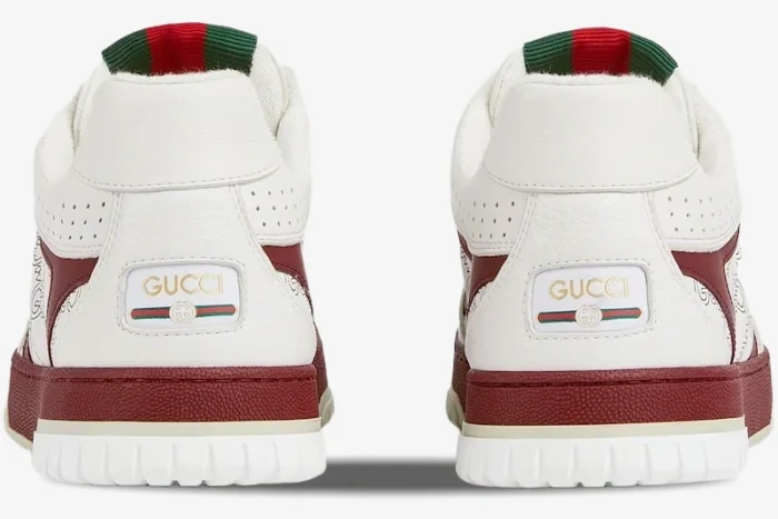 Rear view of Gucci Re-Web sneakers in white and Rosso Ancora red with logo heel detail. - SKU 850193AAFOO9043