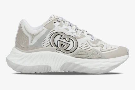 Gucci Ripple sneaker in white and grey mesh, side profile view with interlocking G logo. - SKU 787645FADF39046