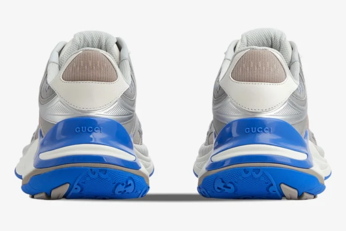 Rear view of Gucci Run 2.0 grey and blue mesh technical sneakers showing the branded heel. - SKU 814040FAD5T8753