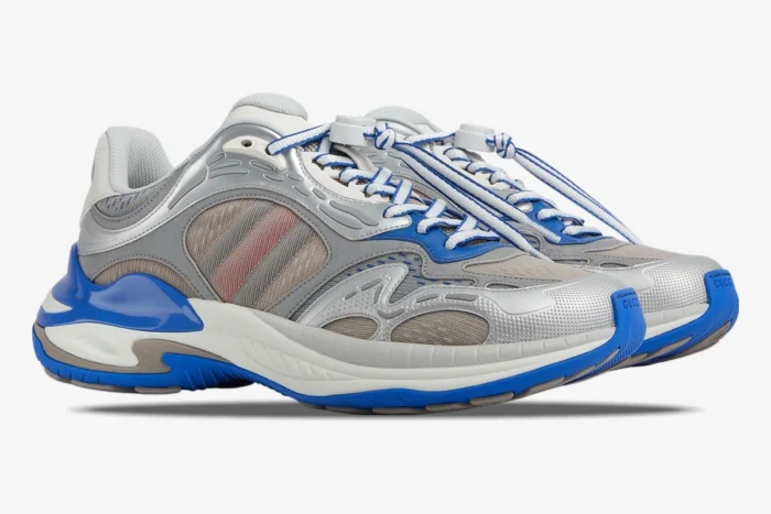 Gucci Run 2.0 grey and blue mesh technical runner sneakers, side profile view with silver details. - SKU 814040FAD5T8753