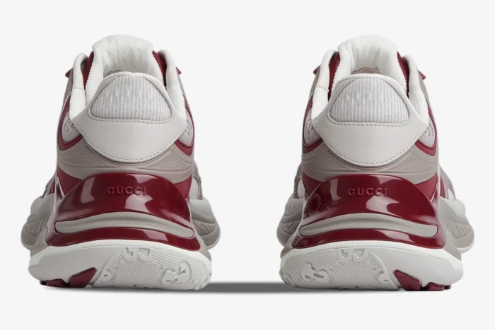 Back view of Gucci Run 2.0 'Rosso Ancora' sneakers in grey mesh and deep red glossy accents. - SKU 814040FAD5T8754