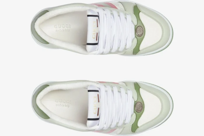 Top-down view of Gucci Screener GG Canvas sneakers in green, white, and pink. - SKU 806629FADXS9158