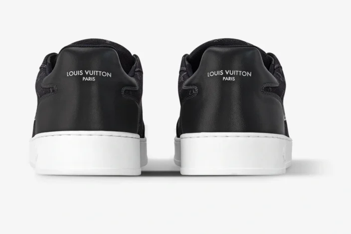 Rear view of Louis Vuitton Beverly Hills black leather sneakers with white soles and logo heel tab. - SKU 1A5UFL