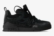 Louis Vuitton LV Skate sneaker in black strass, side profile view with crystal embellishments. - SKU 1AB8R0