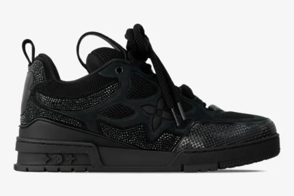 Louis Vuitton LV Skate sneaker in black strass, side profile view with crystal embellishments. - SKU 1AB8R0