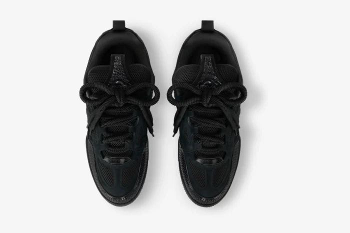 Top-down view of black Louis Vuitton LV Skate Strass sneakers with thick laces. - SKU 1AB8R0