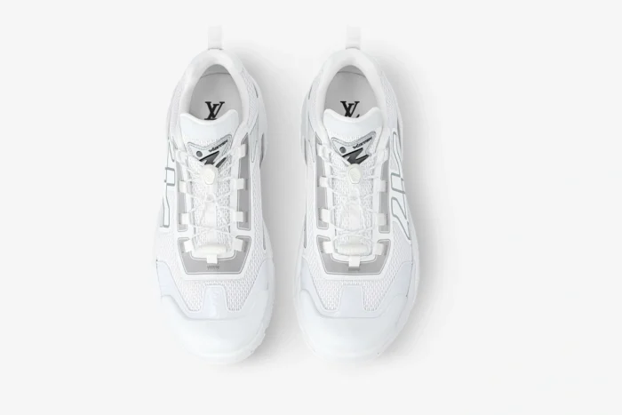 Top-down view of Louis Vuitton Runner Tatic sneakers in white and grey with mesh details. - SKU 1A9U19