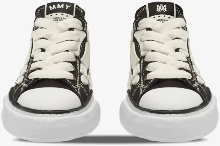 Front view of Maison Mihara Yasuhiro Hank x Amiri Bones sneakers in black and white with chunky soles. - SKU AMFOSR1076-001