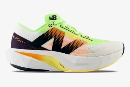 Side profile of New Balance FuelCell Rebel v4 running shoe in white and lime green. - SKU MFCXLL4