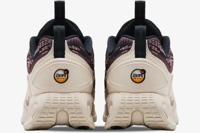 Rear view of Nike Air Max Dn 'Smokey' Purple Beige sneakers with circular Air Max branding on the heels. - SKU HQ0912-200