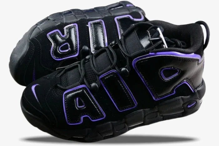 Nike Air More Uptempo '96 Action Grape sneakers in black and purple, shown from a three-quarter front angle. - SKU DV1879-001