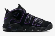 Nike Air More Uptempo '96 Action Grape sneakers in black with purple trim, side profile view. - SKU DV1879-001