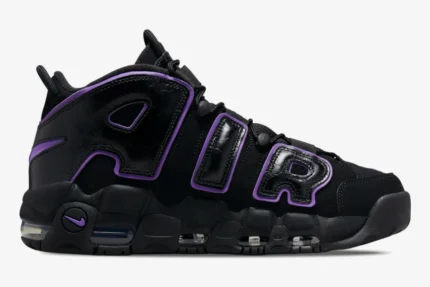 Nike Air More Uptempo '96 Action Grape sneakers in black with purple trim, side profile view. - SKU DV1879-001