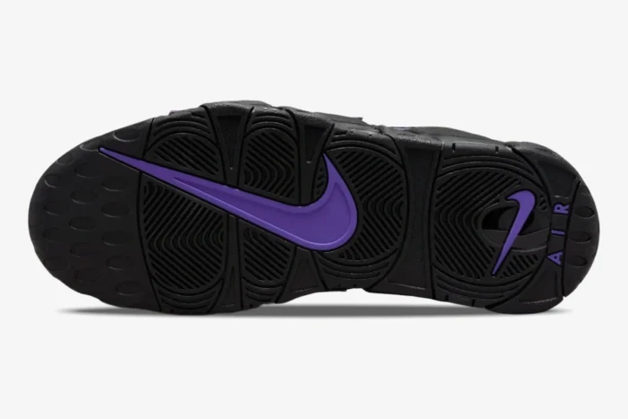 Bottom view of Nike Air More Uptempo '96 Action Grape showing black rubber outsole with purple swooshes. - SKU DV1879-001