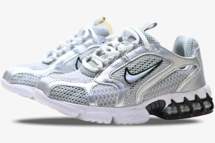 Nike Air Zoom Spiridon Cage 2 sneakers in metallic silver, side three-quarter view on a white background. - SKU CJ1288-001