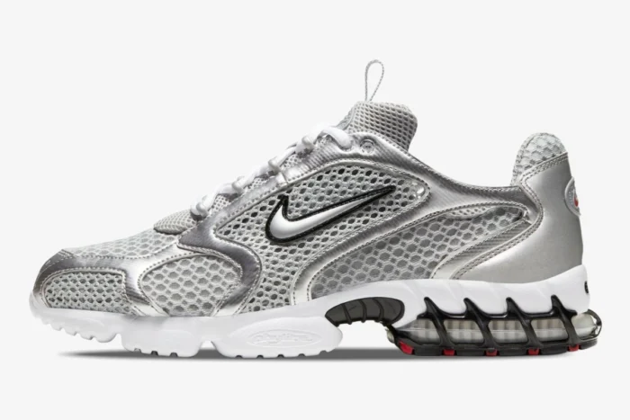 Side profile of Nike Air Zoom Spiridon Cage 2 sneakers in metallic silver with white and black accents. - SKU CJ1288-001