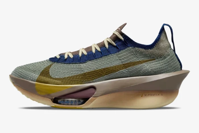 Nike Air Zoom Alphafly 3 Premium running shoe in grey, gold, and brown, side profile view. - SKU HV4318-320