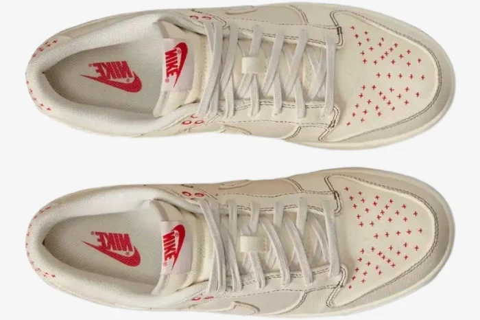 Top-down view of Nike Dunk Low SE Sashiko in Light Orewood Brown with red cross-stitch details on the toe. - SKU DV0834-100
