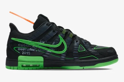 Side profile of Nike Air Rubber Dunk x Off-White Green Strike sneakers with black mesh and neon green accents. - SKU CU6015-001